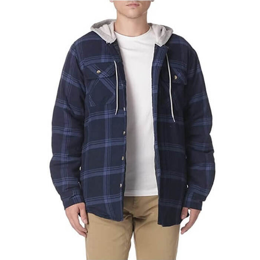 Men's Long Sleeve Quilted Lined Flannel Shirt Jacket with Hood