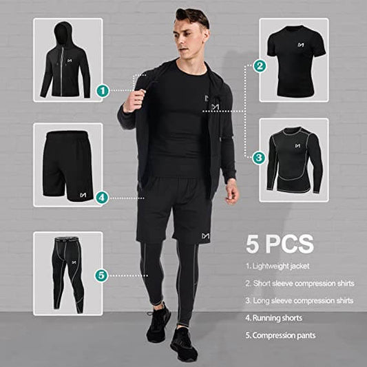 Men's Compression Sets Pants Long Sleeve Shirt Athletic Shorts Running Jacket